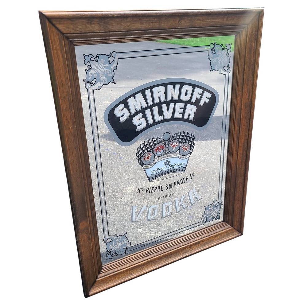 Vintage Smirnoff Silver Vodka Bar Mirror Wood Frame Promo Unused Original Box
